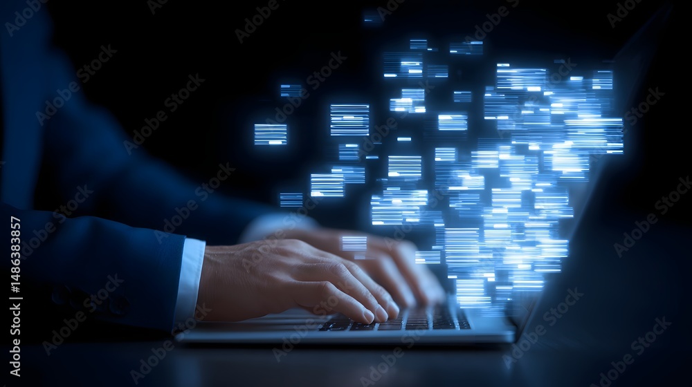 Poster a person s hands typing on a computer keyboard against a backdrop of glowing abstract digital elemen