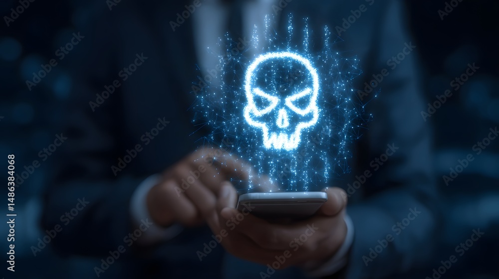 Poster a digital security and cybersecurity concept featuring a glowing skull hologram emerging from a smar