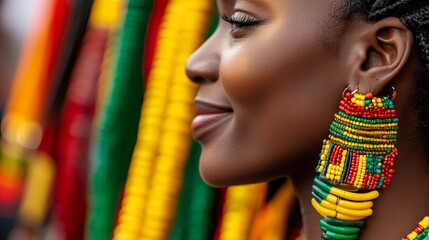 Fototapeta premium Elegant woman displays colorful beaded earrings while standing near blurred textiles, showcasing vibrant African culture.