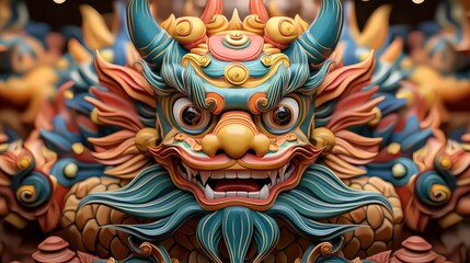 Fototapeta premium Vibrant dragon sculpture with intricate details and bold colors.