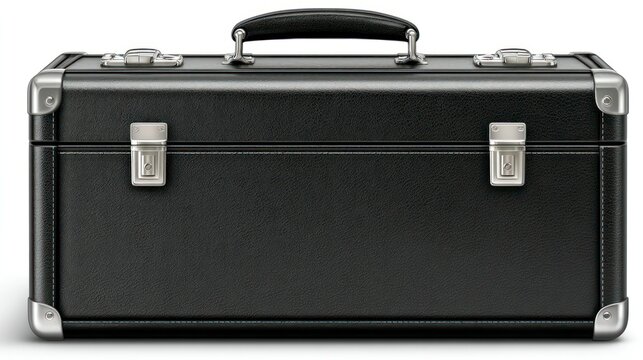 A sleek black leather briefcase with silver clasps and handle ideal for business or travel nee