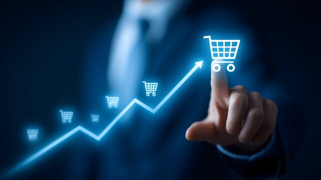 A hand reaching towards a glowing upward trending graph representing the growth and success of an online shopping business or ecommerce platform