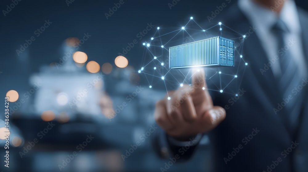 Poster a person interacting with a futuristic digital interface displaying a virtual container symbolizing 
