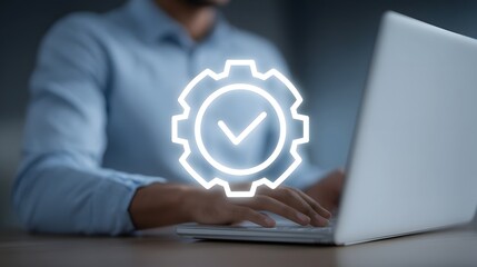 Businessman working diligently on a laptop computer with a glowing gear icon displayed on the screen symbolizing the technological processes and expertise involved in his work