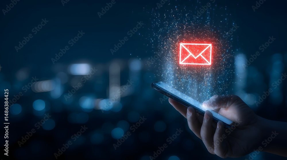 Poster a person s hand holding a smartphone with a glowing red email notification icon displayed on the scr