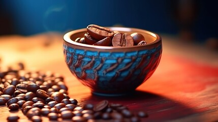 Cup coffee beans wooden