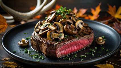 A steak topped with mushrooms on a black plate with autumn leaves and antlers in the background
