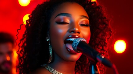 Female singer performs onstage, illuminated by red and yellow lights with a microphone in front of her face.