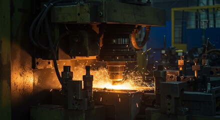 Automated Industrial Welding Process with Bright Sparks and Heavy Machinery