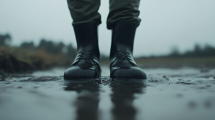 Boots wading through floodwater. The image showcases a pair of boots in a flood, highlighting outdoor activities and resilience in harsh conditions.