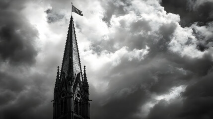 Dramatic gothic church spire against stormy sky