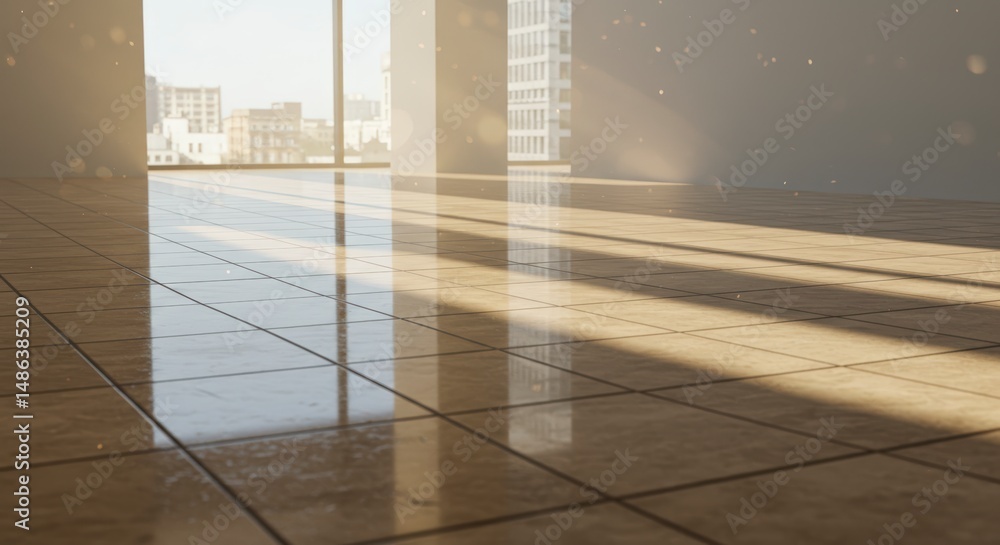 Poster sunlight streaming across empty tiled room with city view