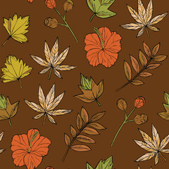 Seamless Pattern Of Various Autumn Leaves And Flowers On A Brown Background.