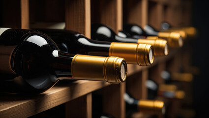Wine bottles with gold capsules aging on a wooden rack in a wine cellar