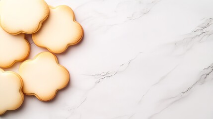 Flower shaped cookies rest on a white marble surface with veining details. - high quality Flower shaped cookies rest on a white marble surface with ve