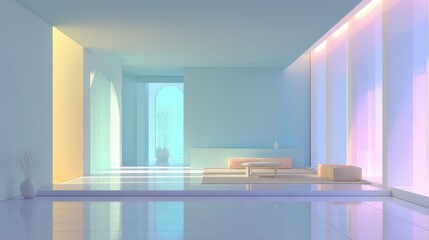 Fototapeta premium Modern Minimalist Room with Soft Pastel Colors and Natural Light Filtering Through Windows