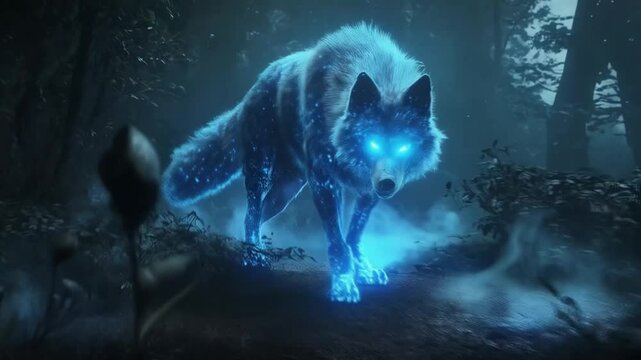 Mystical glowing wolf with piercing blue eyes standing in a foggy forest.
