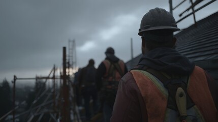 Team of Construction Workers Stabilizing Roofline After Seismic Shock in Gloomy Weather with Scaffolding and Safety Gear on Site