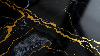 Dramatic Black Marble Texture Background with Bold Gold and White Veining Pattern