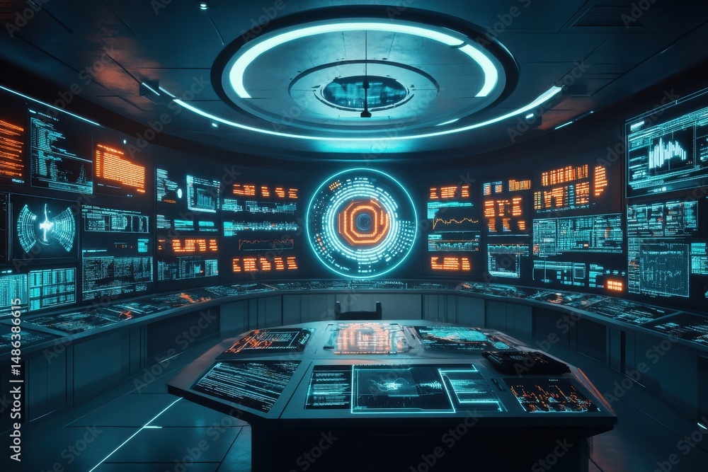 Poster futuristic control room featuring glowing circular displays and advanced data interfaces, a futurist