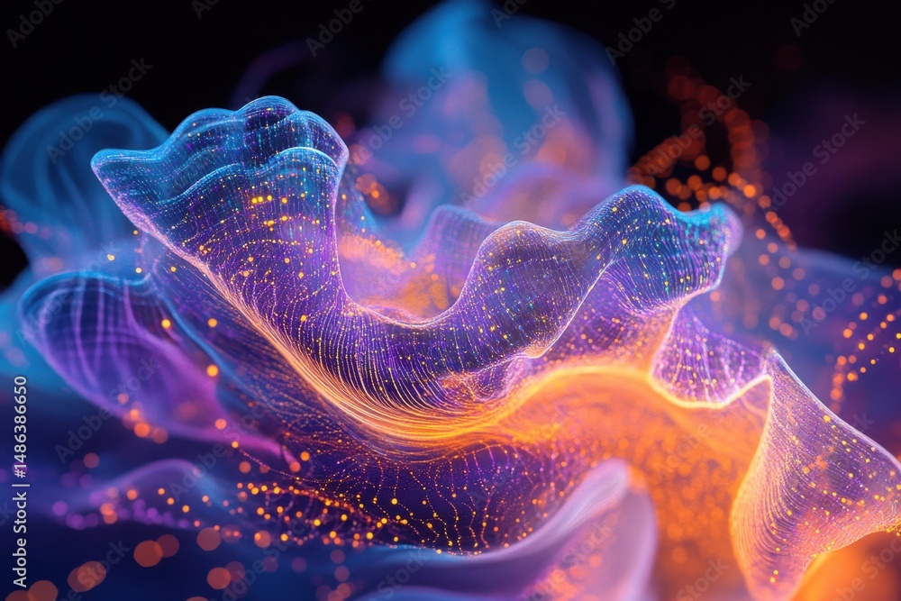 Poster glowing colorful abstract waves, neon 3d digital art with dynamic movement.