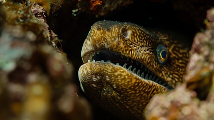 Close up of a moray eel with its mouth open in a coral reef
