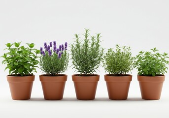Variety of Herbs Growing in Pots on White Background