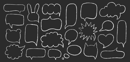 Speech Bubble Set with Hand-Drawn Chalk Outlines on Black Background. Crayon Style Shapes for Comic Dialogues