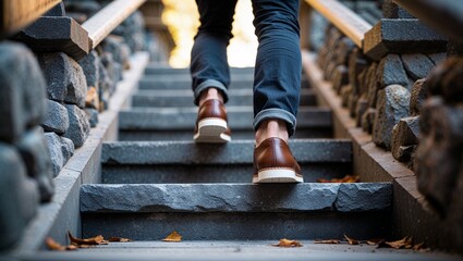 A person walking up stone stairs with brown shoes and blue jeans in an outdoor setting on a sunny day