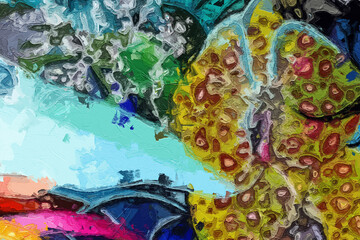 Various oil paintings, flowers, snakes, landscapes, waterfalls, animals, butterflies, mushrooms