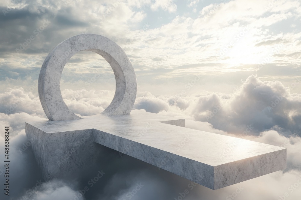 Poster surreal abstract landscape with a marble structure floating in clouds at dawn, abstract 3d rendering
