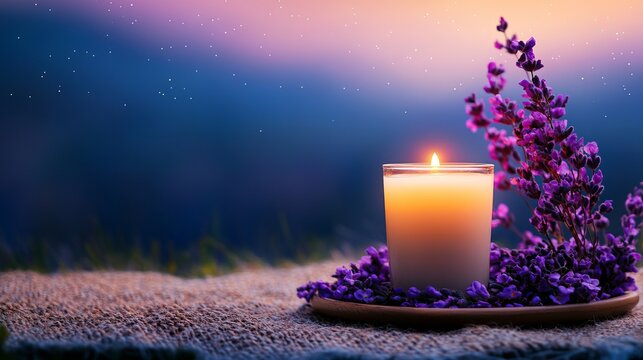 Glowing candle illuminates a wooden tray decorated with lavender flowers against a twilight sky backdrop.