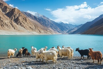 Naklejka premium Cashmere pashmina goats grazing peacefully by the tranquil blue waters of Ladakh's stunning landscape, Cashmere pashmina wool goats in Ladakh graze near mountain lake