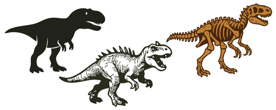 Dinosaurs t-rex vector set. Dino silhouette, bones, fossil, skeleton, sketch