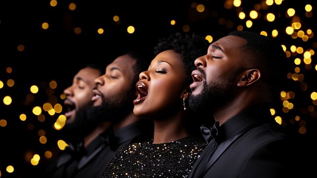 Gospel group is singing together with their mouths wide open against a black background with blurred golden bokeh lights.