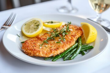 Breaded schnitzel with green beans and lemon slices on white plate