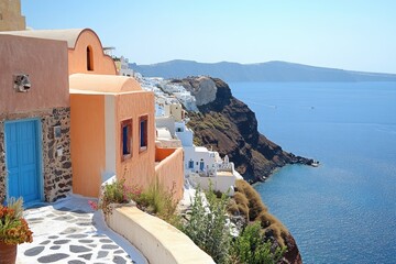 Obraz premium Scenic coastal view of Santorini island in Greece during a sunny day, Aegean sea island Santorini in Greece Visit and explore local culture and style