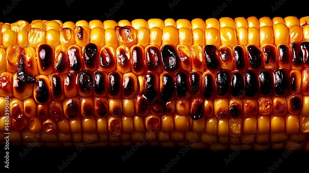 Poster grilled corn on the cob displays charred kernels against a dark background, showing an appealing coo