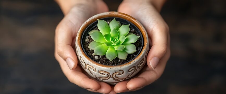 Hands cradling a succulent plant in a decorative pot, showcasing nature and care