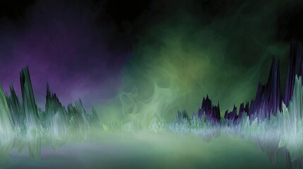 Naklejka premium Abstract landscape with dark background featuring green white and purple colors.