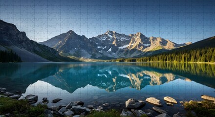 Scenic mountain range reflected in a calm lake with a puzzle overlay