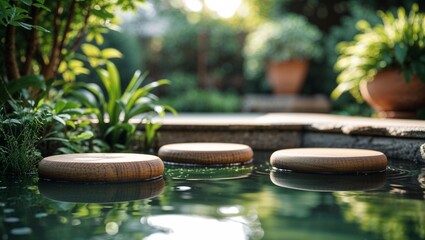 Stepping stones across a pond in a lush garden with plants and sunlight creating a serene atmosphere