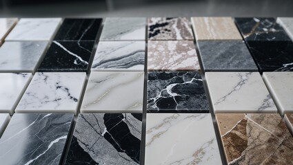 Assortment of square marble tiles displaying various patterns and color variations in a grid arrangement
