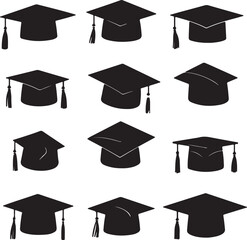Black Graduation Caps Silhouettes: Vector Illustration Collection