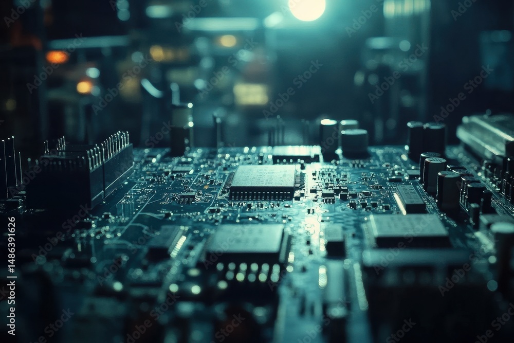 Poster closeup view of a illuminated circuit board showcasing microchips and electronic components, circuit