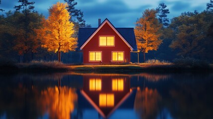 Fototapeta premium Cozy autumn evening reflections lakeside cabin photography tranquil setting serene view nature's beauty