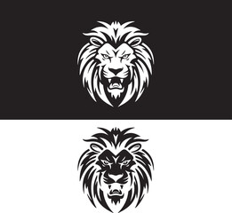 Lion and tiger tribal tattoo design with wild animal head illustration in black silhouette art style