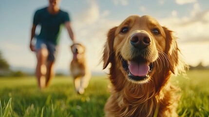 Happy Golden Retriever dog is panting in a grassy field with a blurry man and another dog walking in the background.