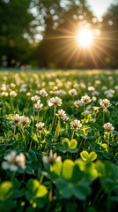 Fototapeta premium A field of white clover bathed in golden sunlight