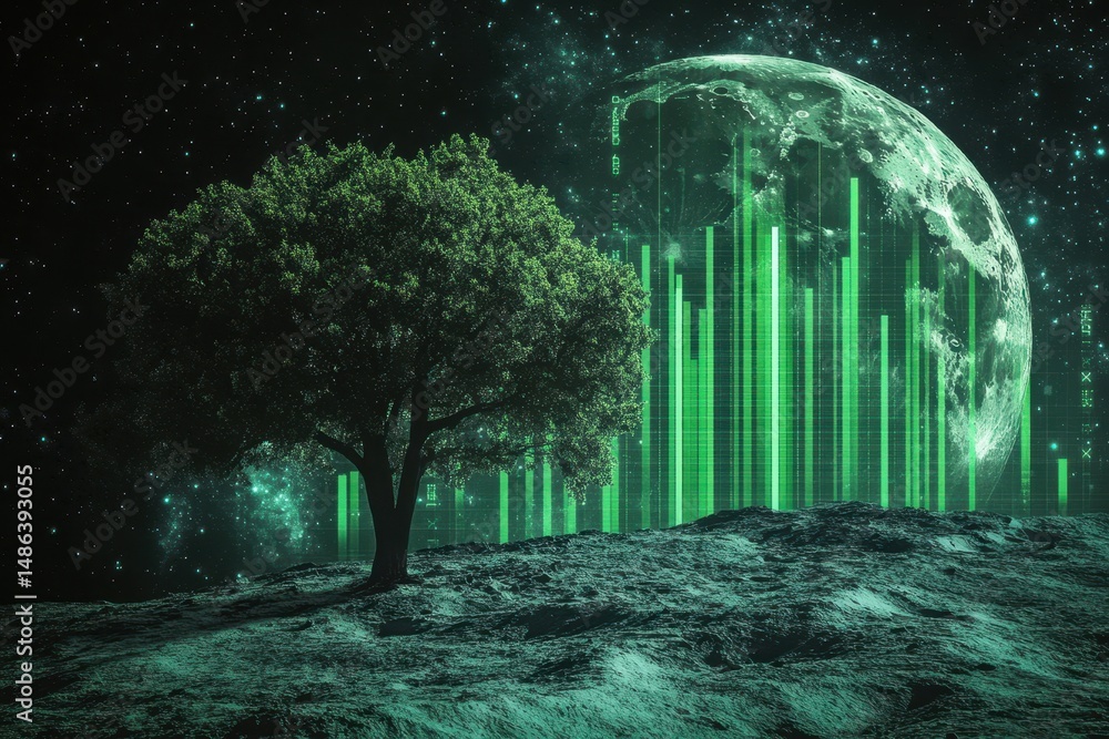 Poster digital representation of a green data matrix with trees and a glowing moon on a fictional lunar lan